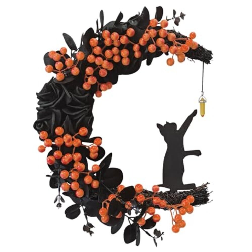 Spooky Halloween Wreath - 2025 New Black Cat Moon Door Decor with Lights